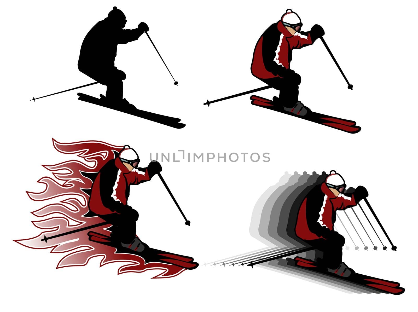 four skiing man illustrations, adult man
