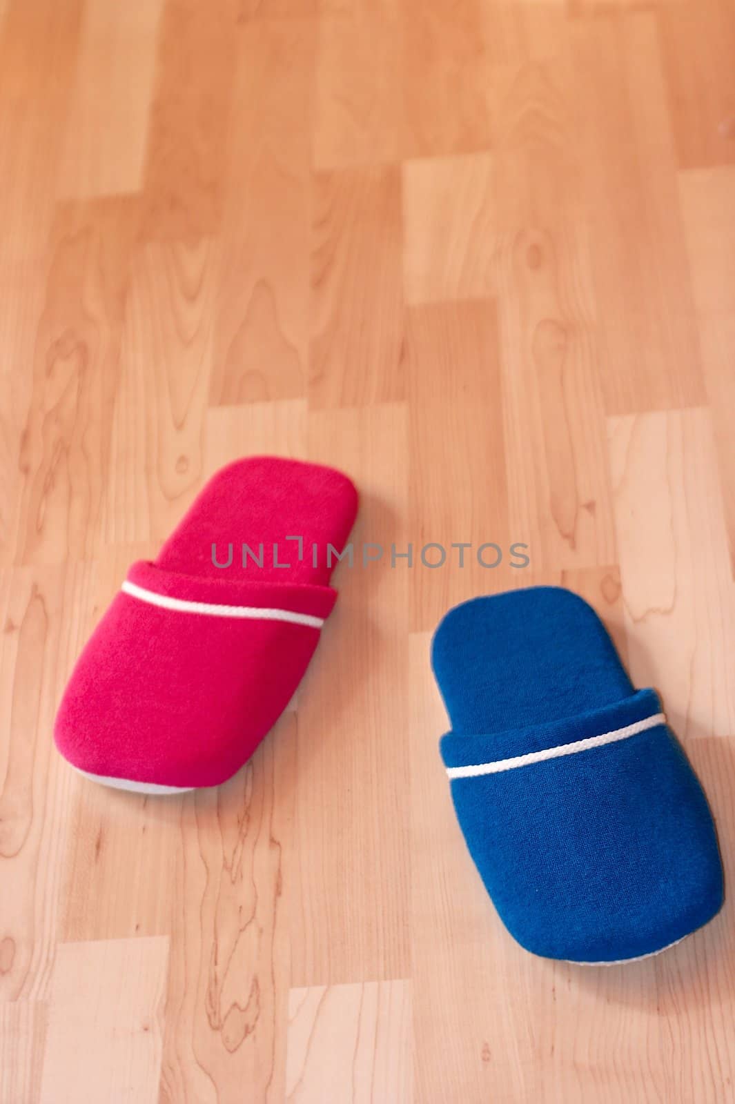 Red and blue slippers on parquet