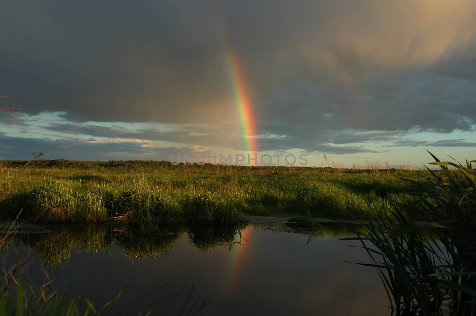 Evening rainbow above a small reservoir among a deserted field.