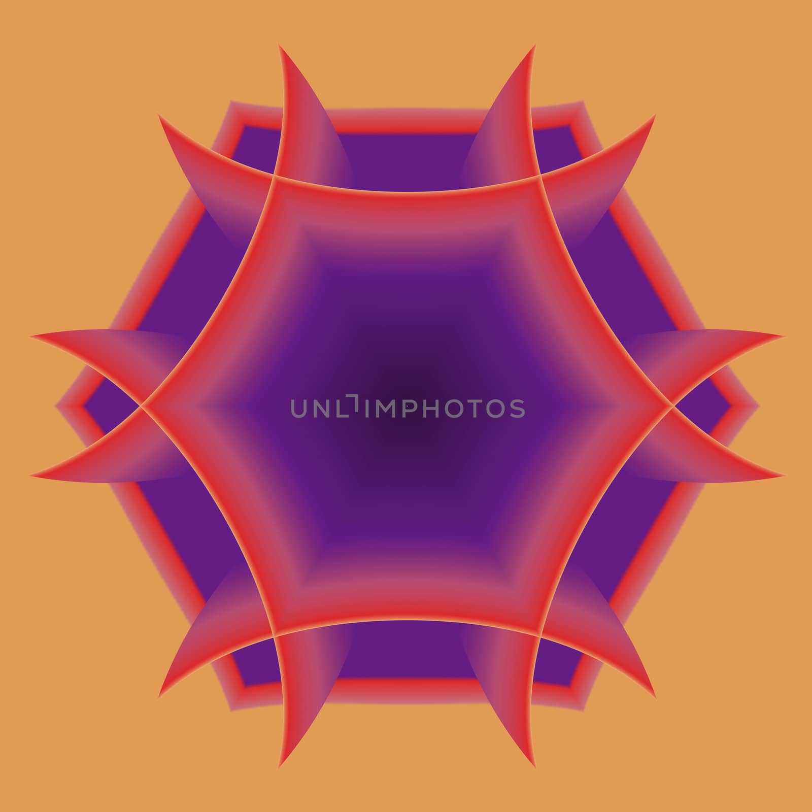A six sided abstract fractal done in shades or purple, orange, and gold.