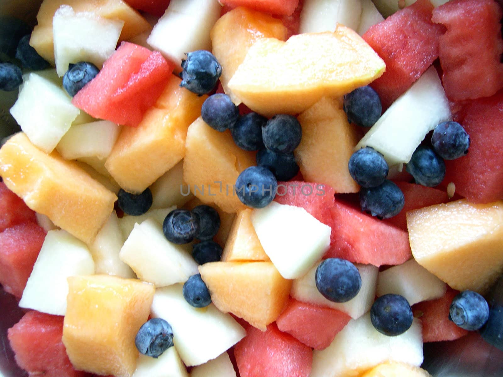 A bowl of fruit including watermelon, cantaloupe, canary melon, and blueberries.