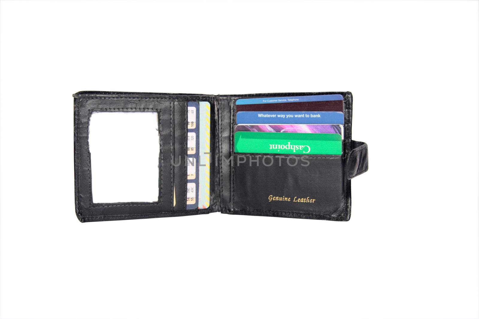 leather wallet with some credit cards (made up fake cards ) with a clipping path