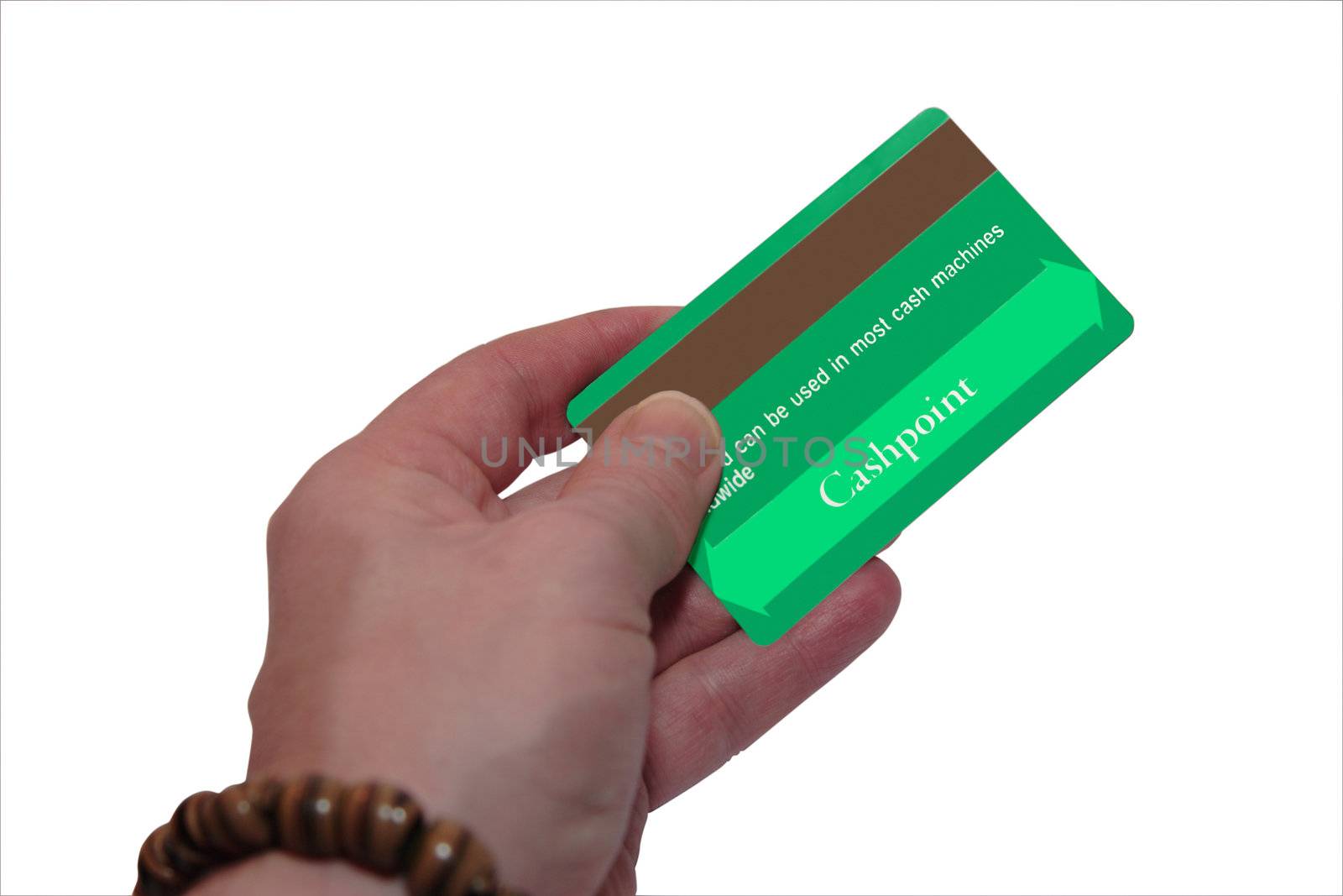 a man holding a credit card (made up fake card ) with clipping path
