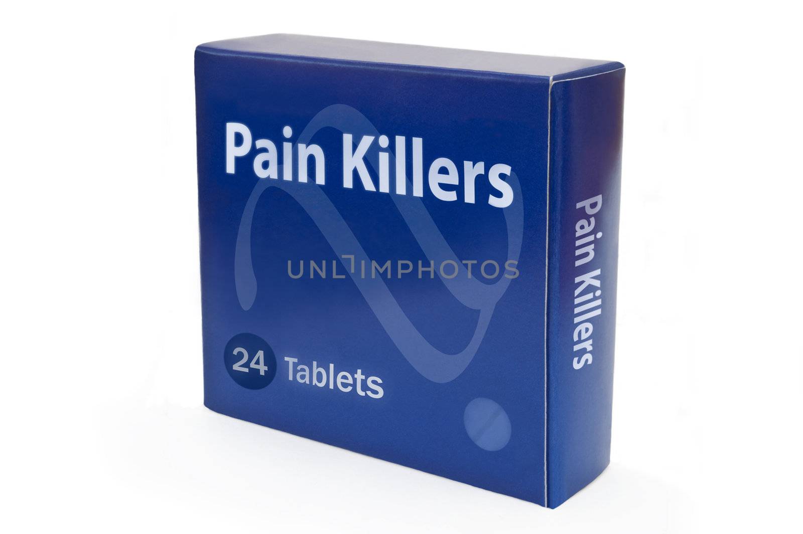 A single blue medicine pack with the words "Pain Killers" and arranged over white.