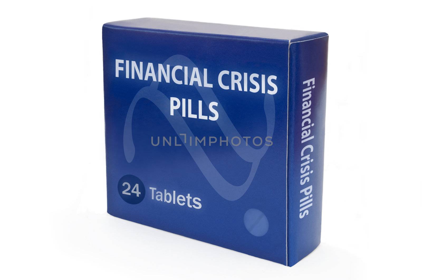 A single blue medicine pack with the words "Financial Crisis Pills" and arranged over white.