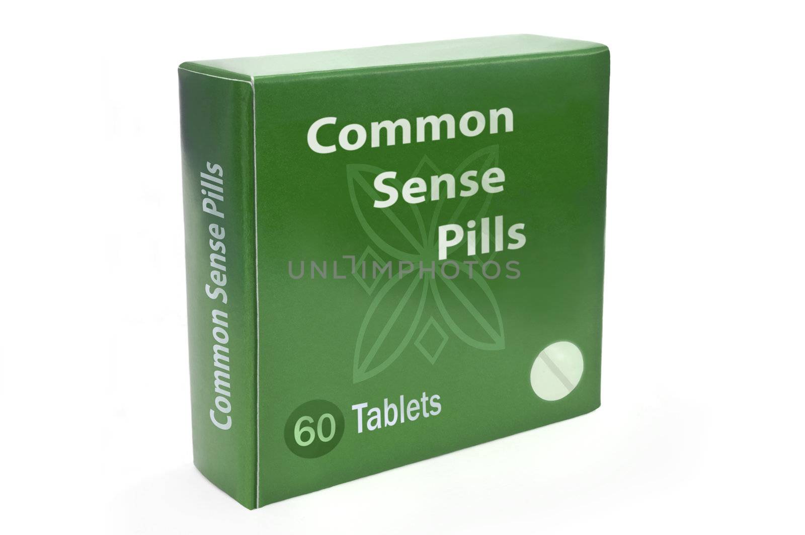 Close up of a green box with the words "COMMON SENSE PILLS" arranged over white.