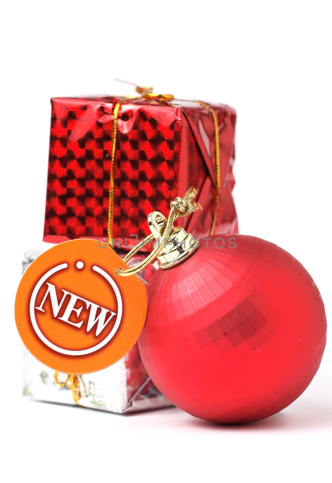 gift and christmas balls with new tag