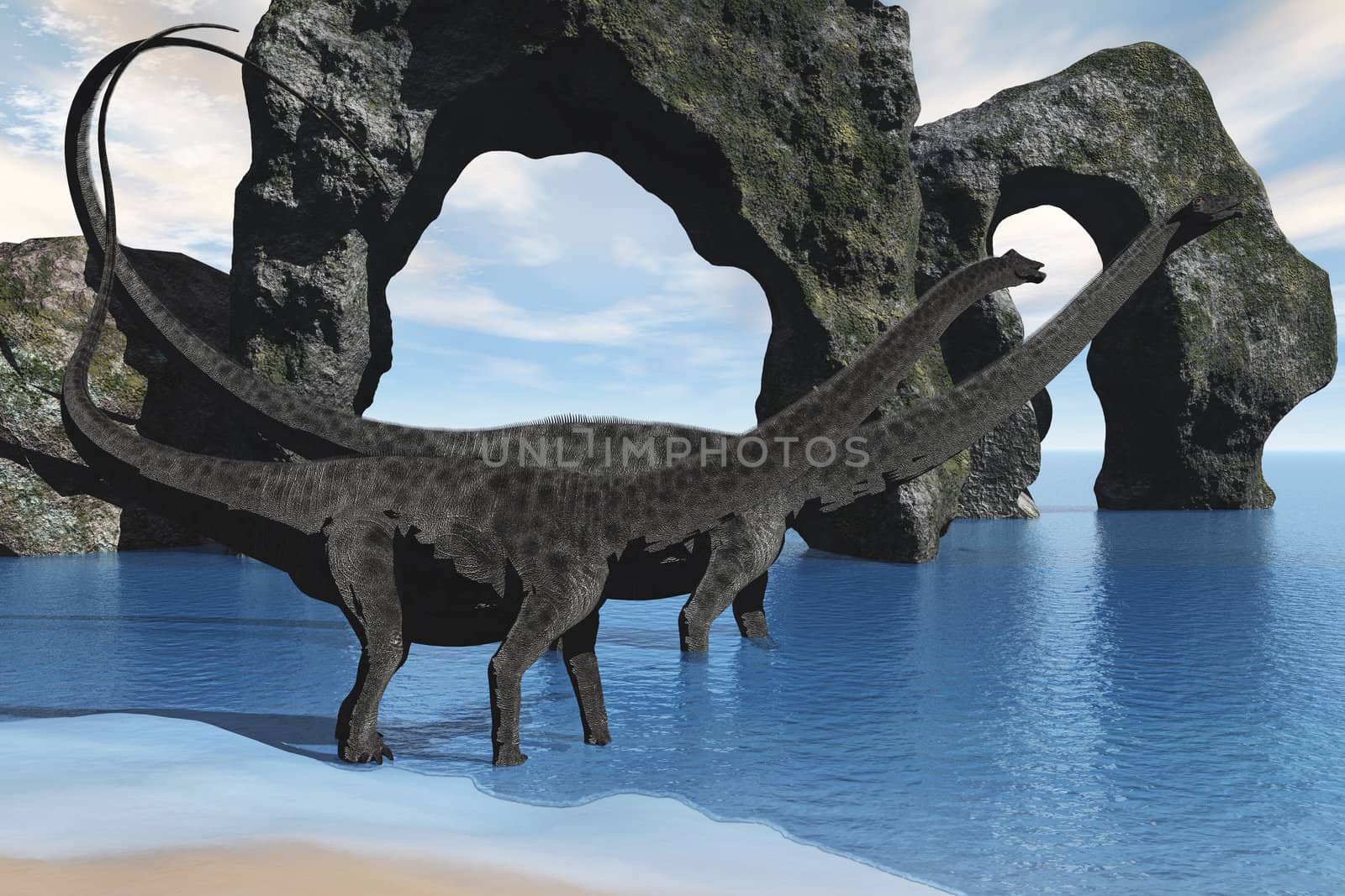 Two Diplodocus dinosaurs wade through shallow waters of a beautiful seashore.