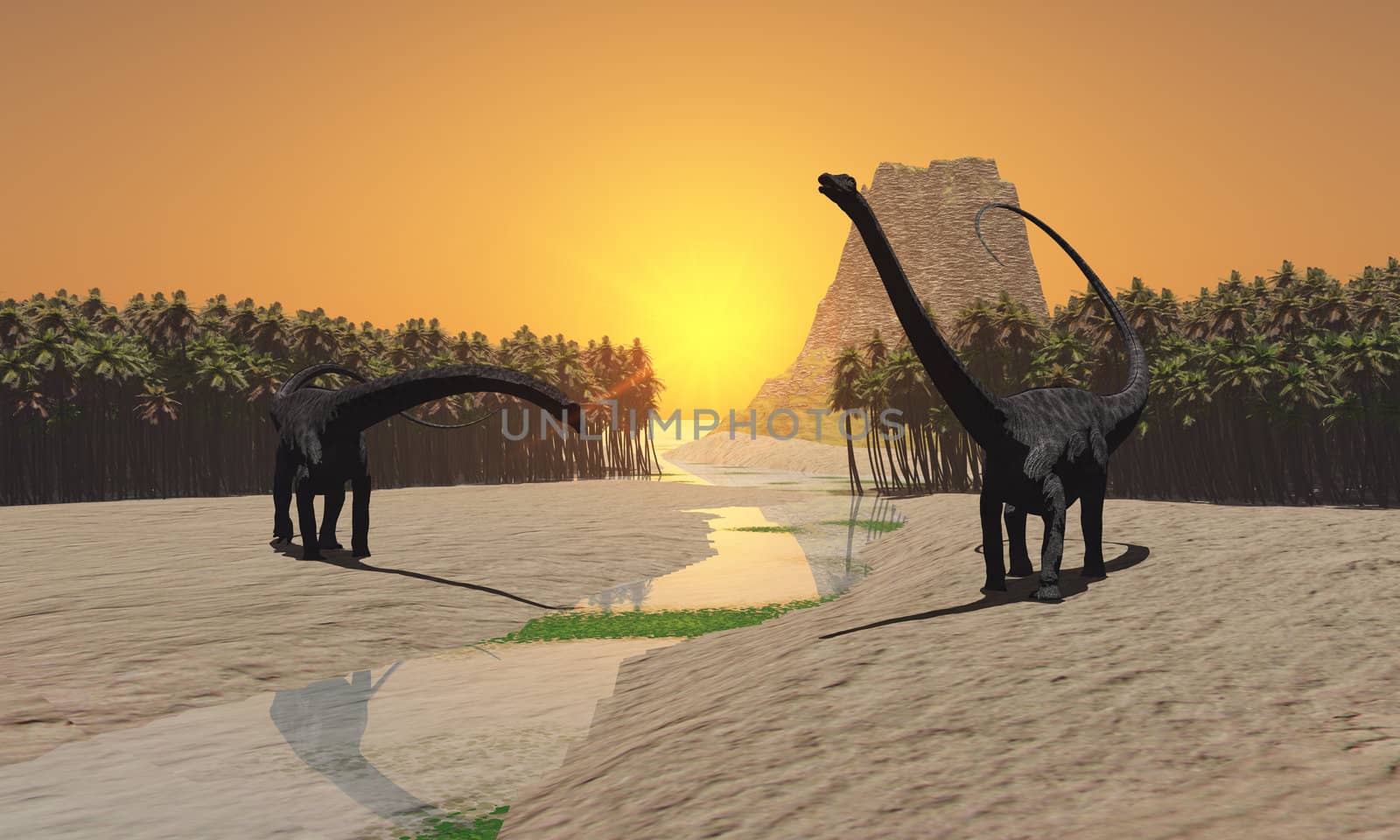 Two Diplodocus dinosaurs come to a river for a drink in prehistoric times.