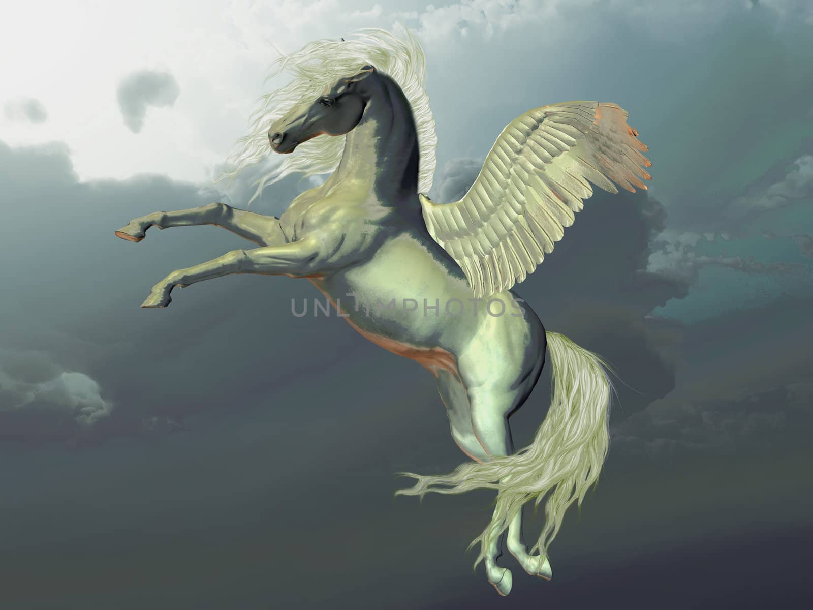 Ivory Pegasus flies up into the clouds above the Earth.