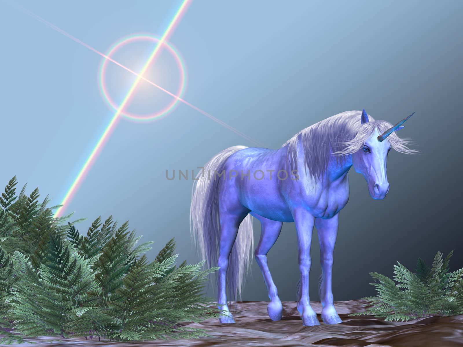 A white unicorn rests under a bright star.