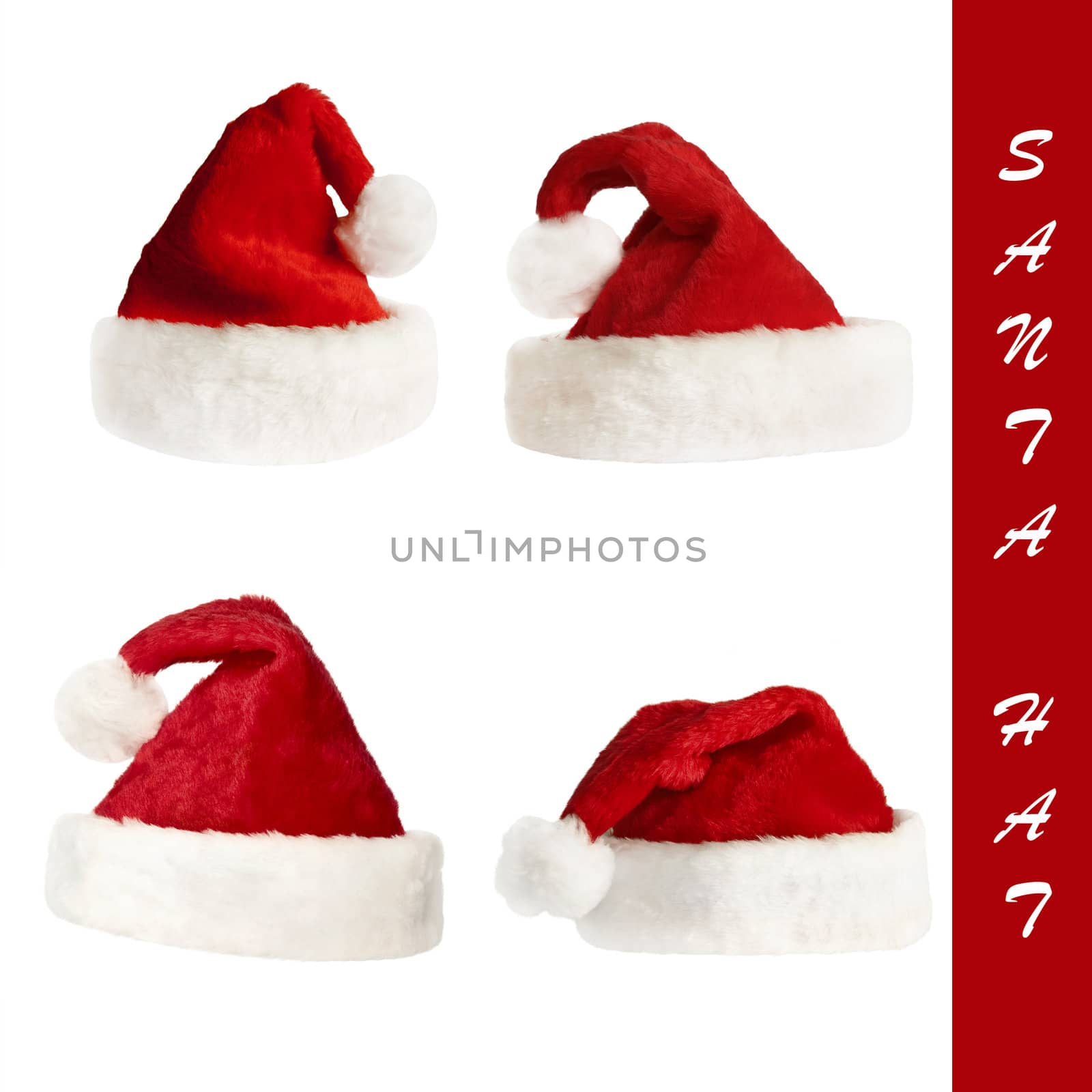 Four fluffy Santa`s hat set over white