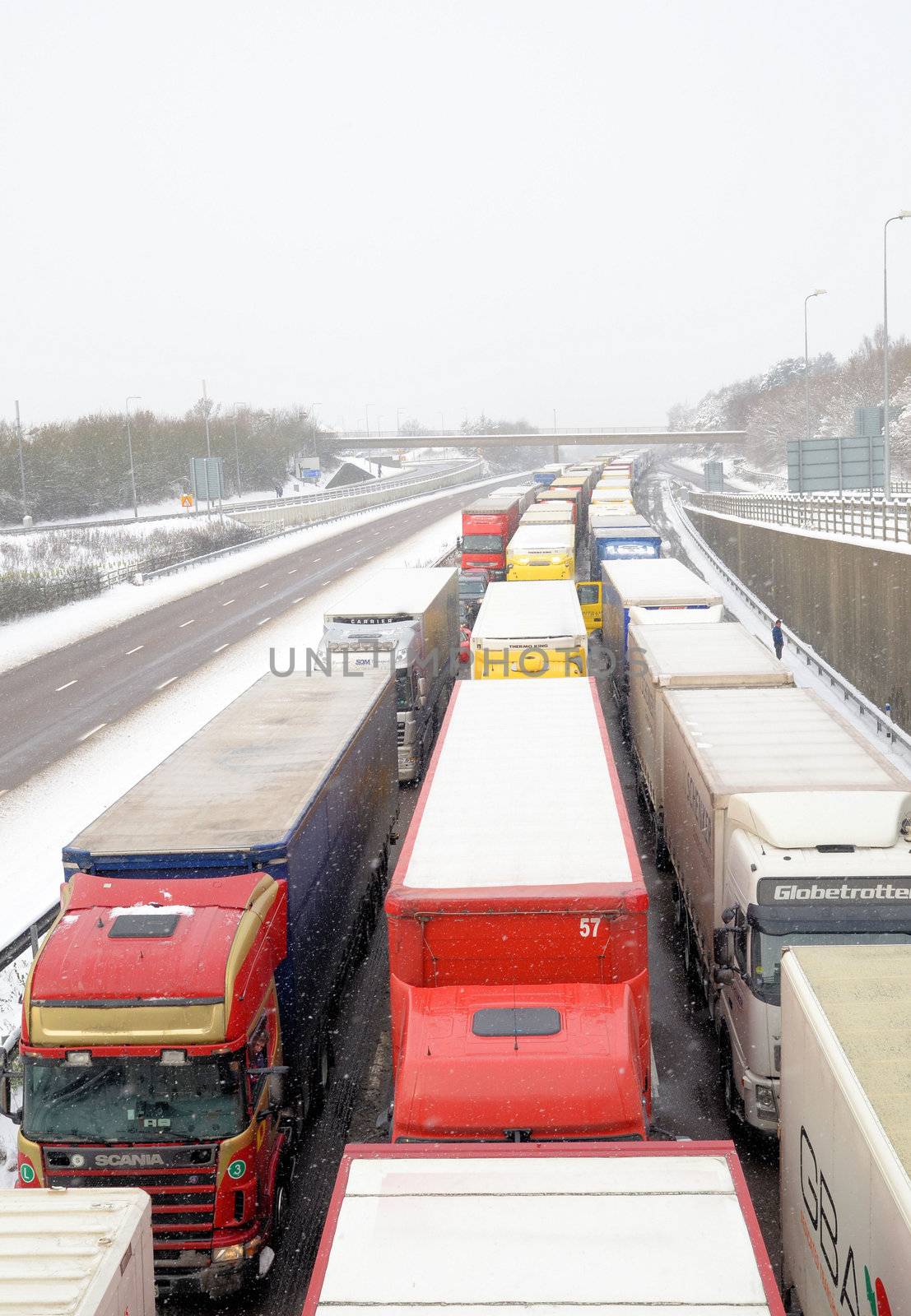 Operation stack in operation after the channel crossings are cancelled, lorries queue for miles on the m20 coastbound carriageway near to junction 10 at ashford, kent