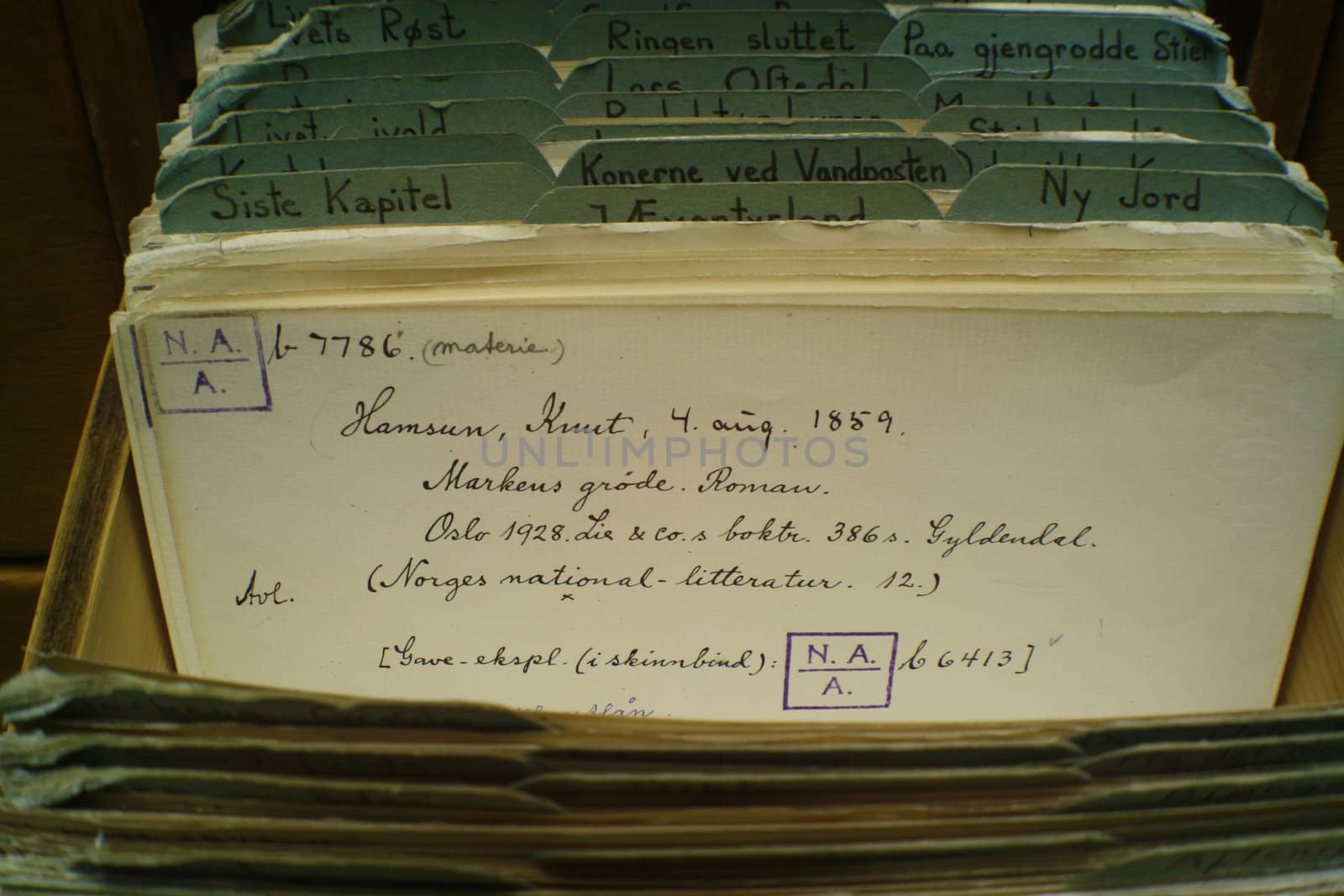 The catalogue card for Knut Hamsuns "Markens grøde" (Growth of the soil)
