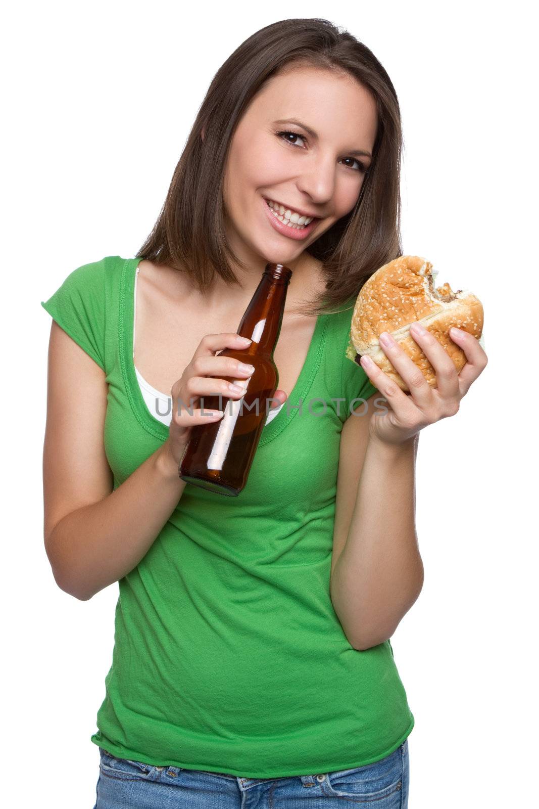 Girl eating burger drinking beer