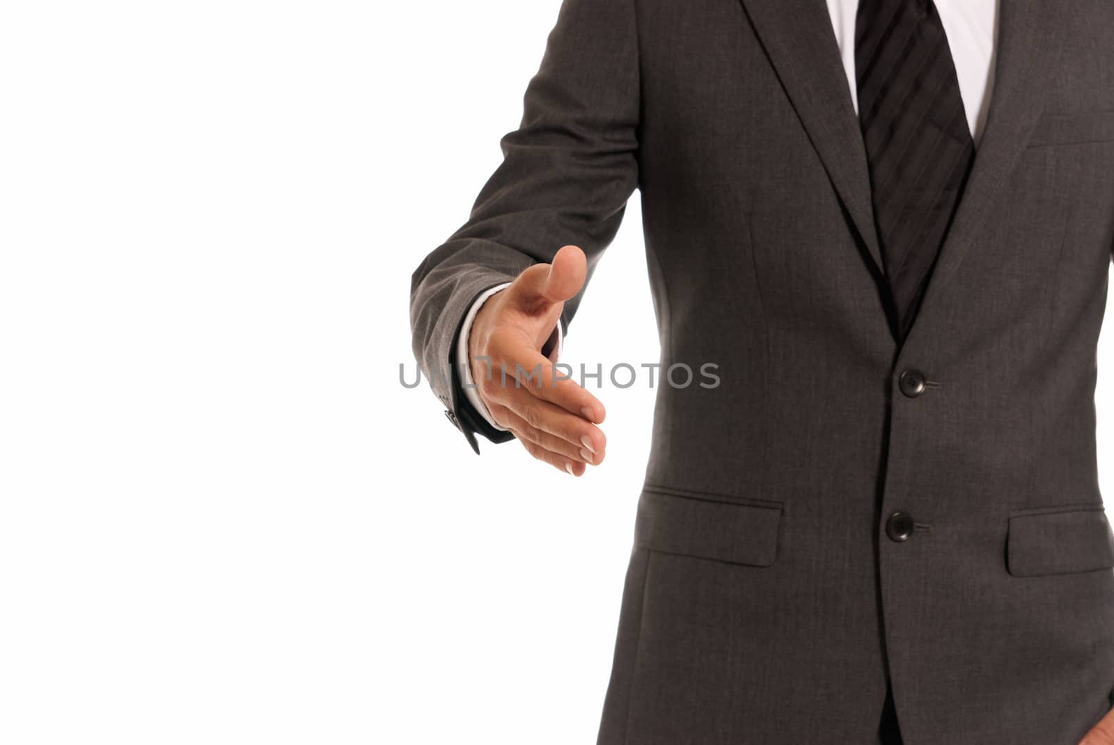 Unrecognizable businessman handshake closeup copy-space isolated on white background by dgmata