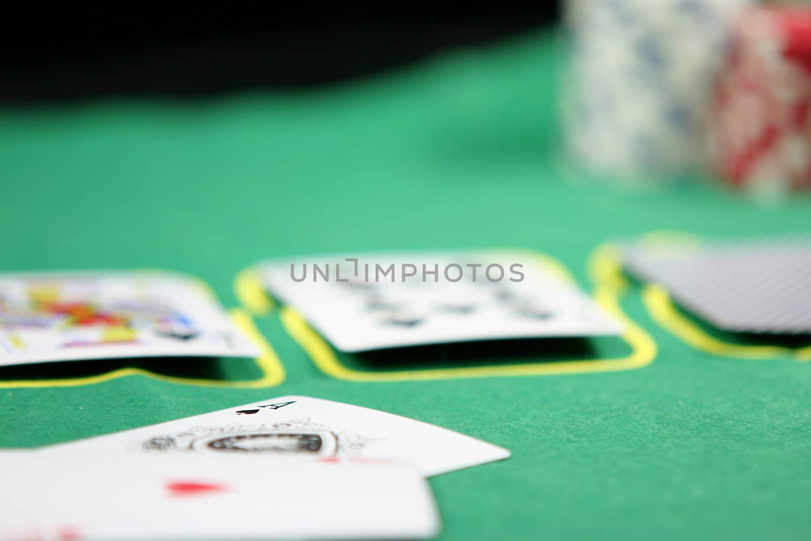 Poker and black jack, with isolated gaming objects, towards green 