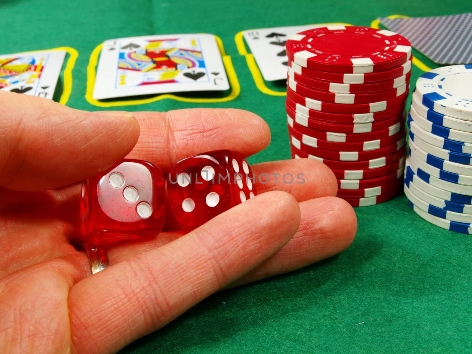 Poker and black jack, with isolated gaming objects, towards green 