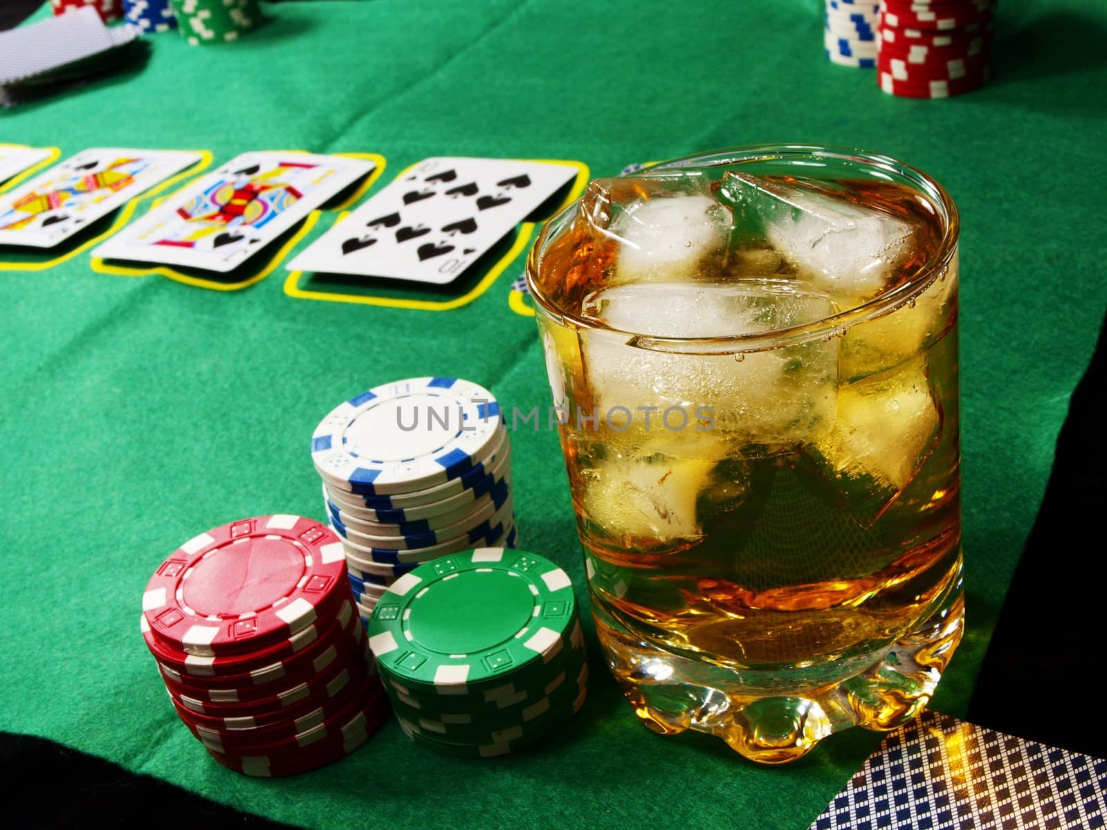 Poker and black jack, with isolated gaming objects, towards green 