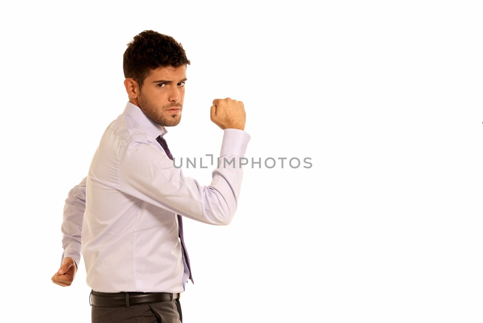 Young businessman cheerful strong gesture with two hands copy-space isolated on white background