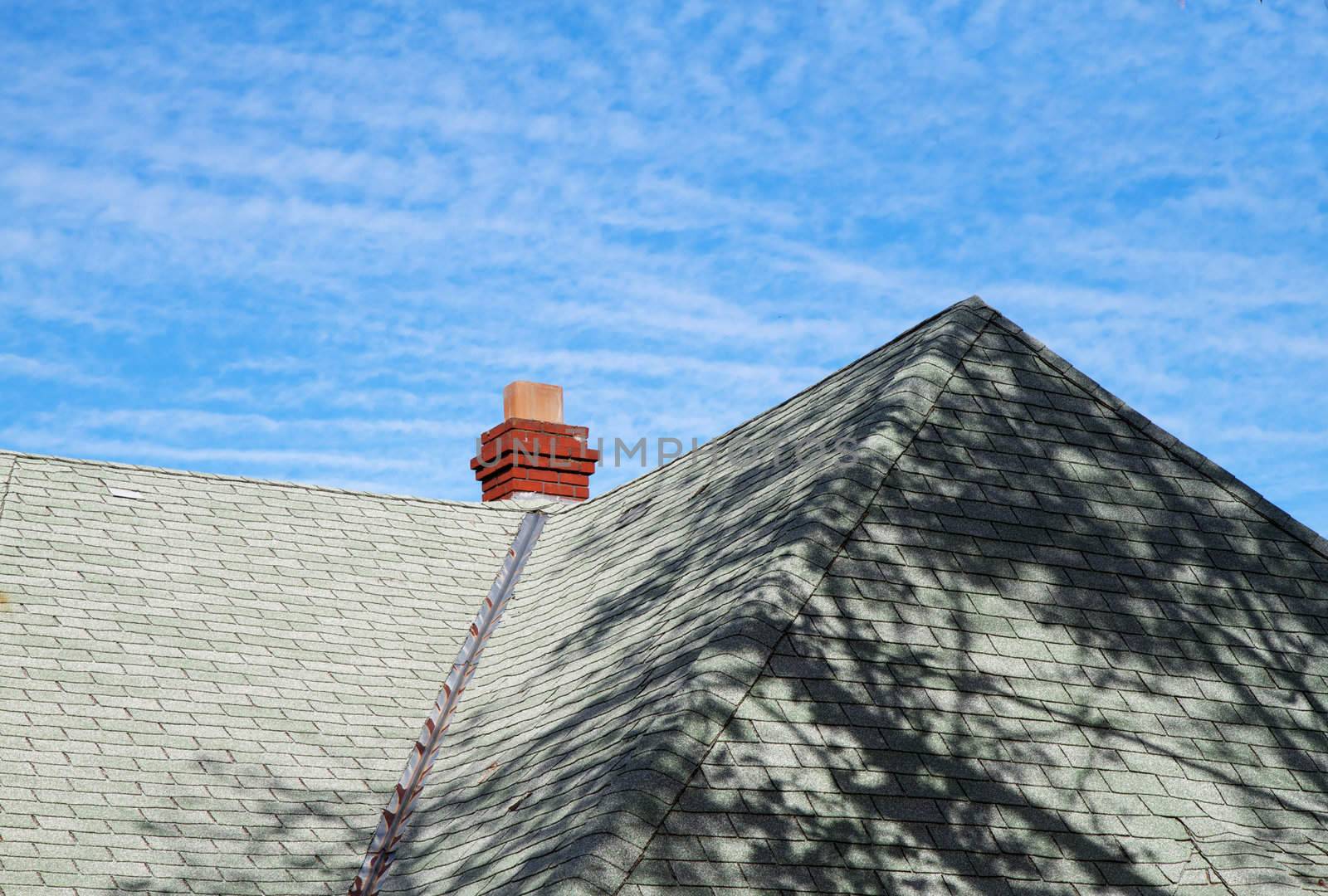 Green home roof with shadow of a tree and red brick chimney against blue sky