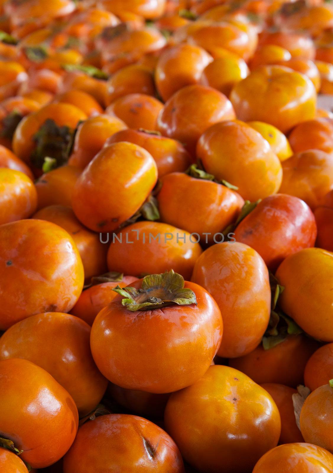 Pile of orange persimmons at the farmers market with focus on one fruit.