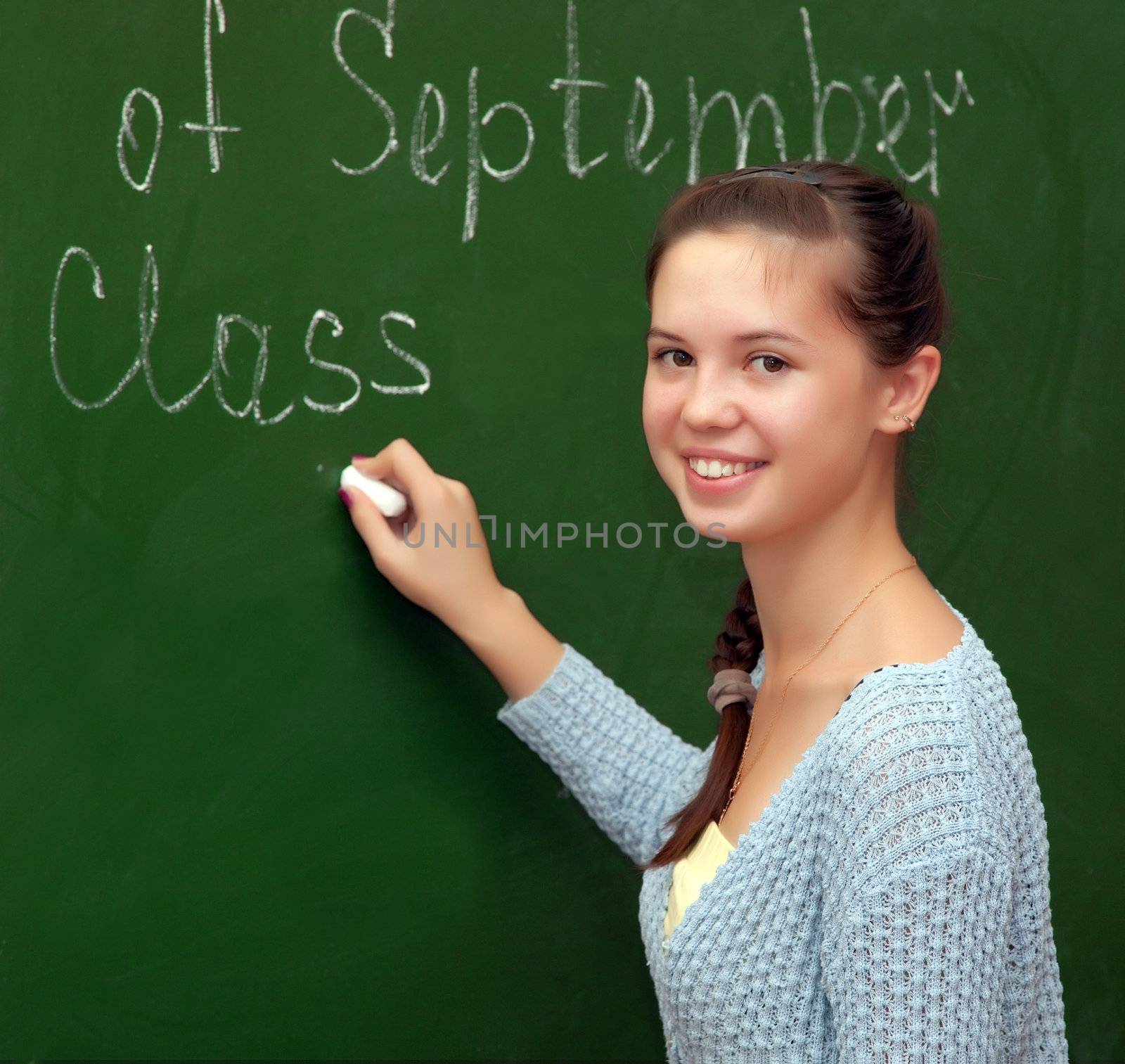 Girl schoolgirl meets an English lesson on the background of the school boards 