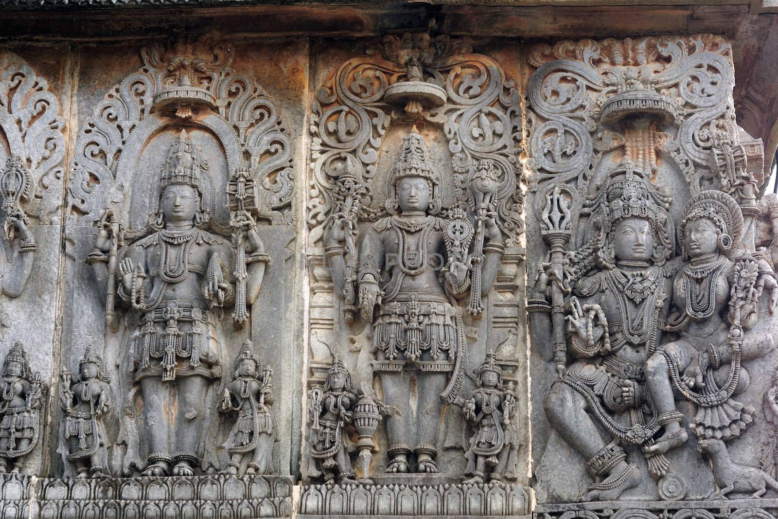 Ancient sculptures in ruins at an indian temple