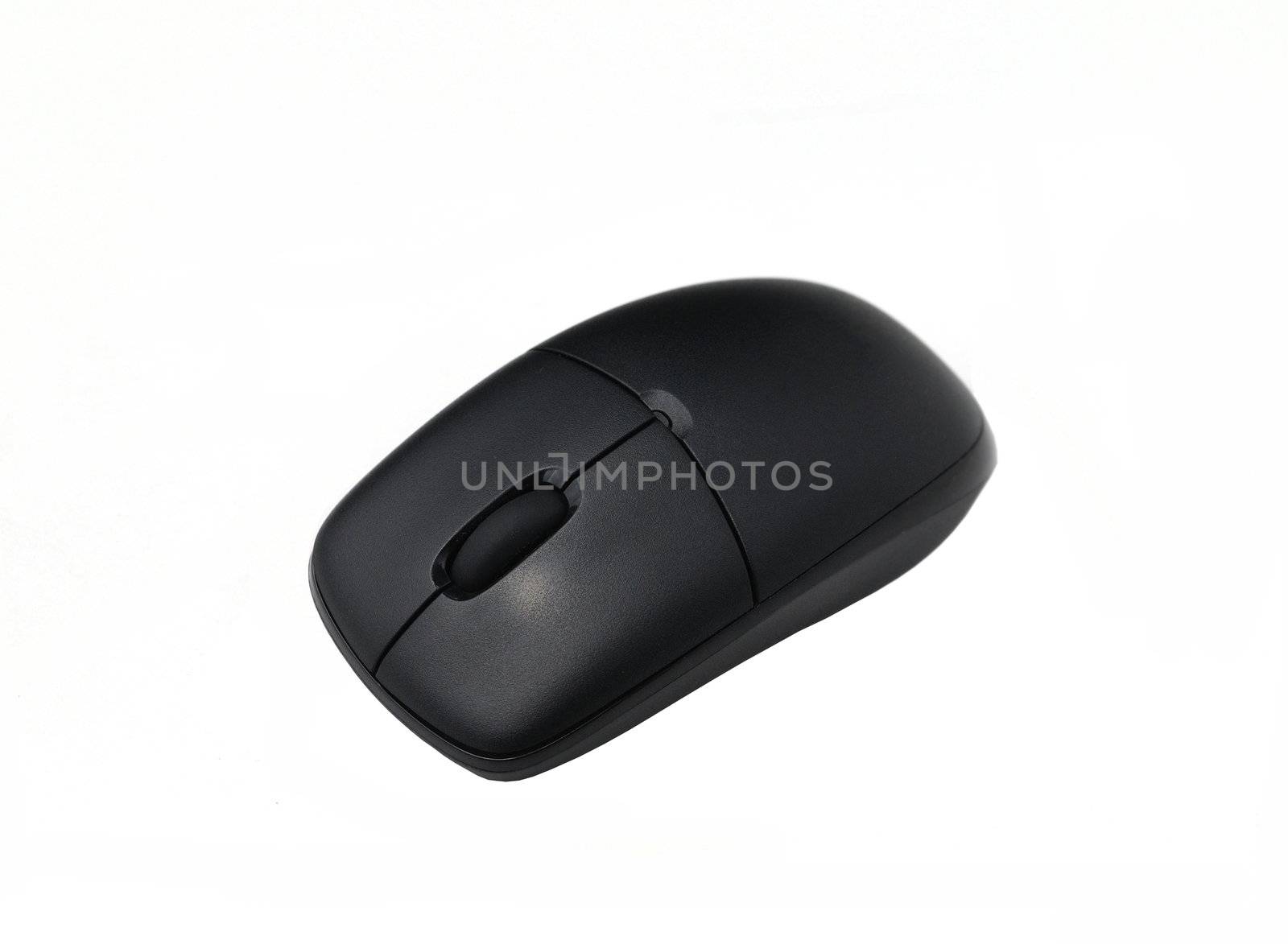 A black wireless mouse isolated on a white back ground