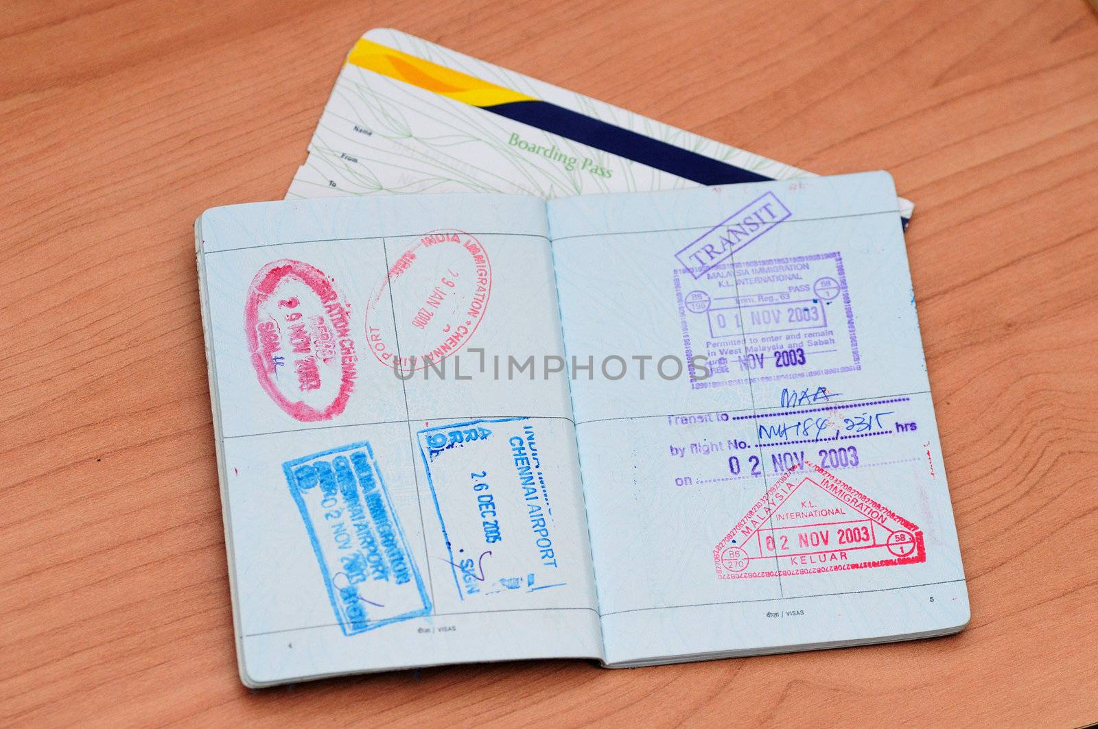 Passport immigration stamps and boarding pass, ready to travel