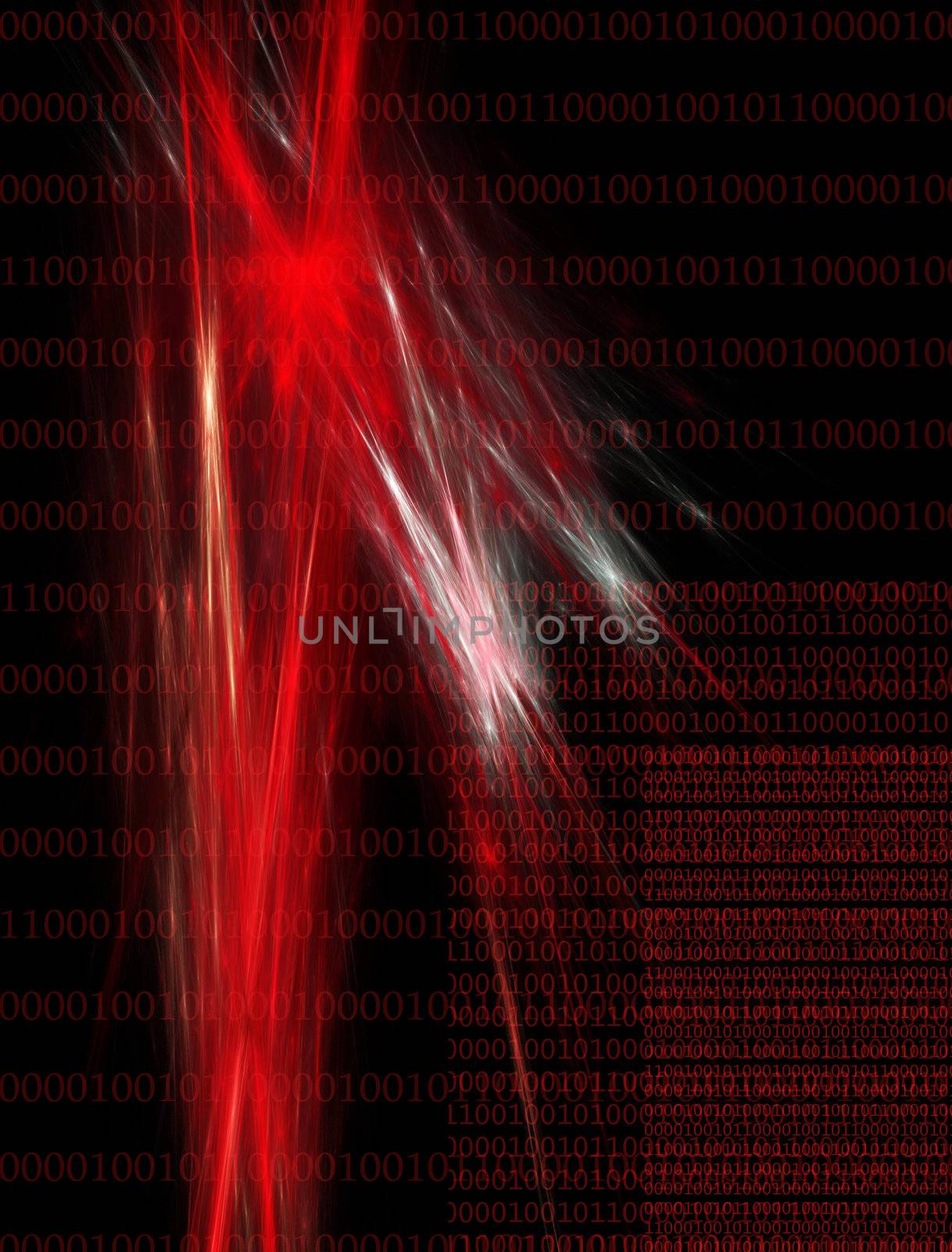Glowing red optic binary background over black.