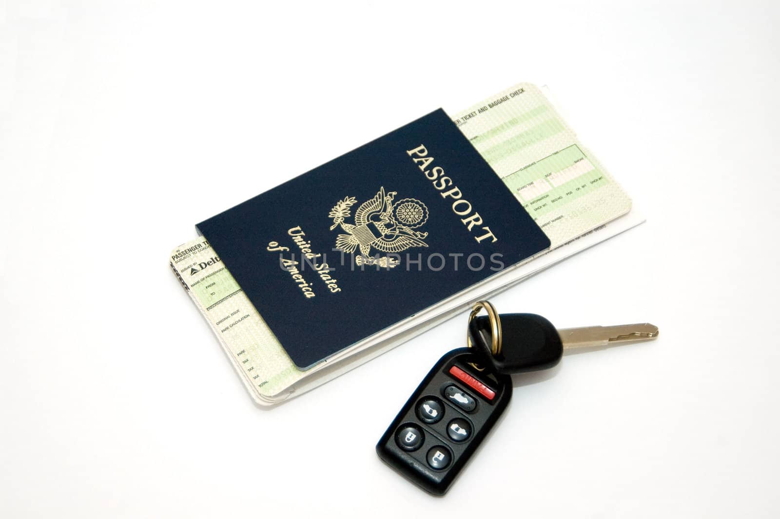 Tickets, Passport and keys isolated on white backround