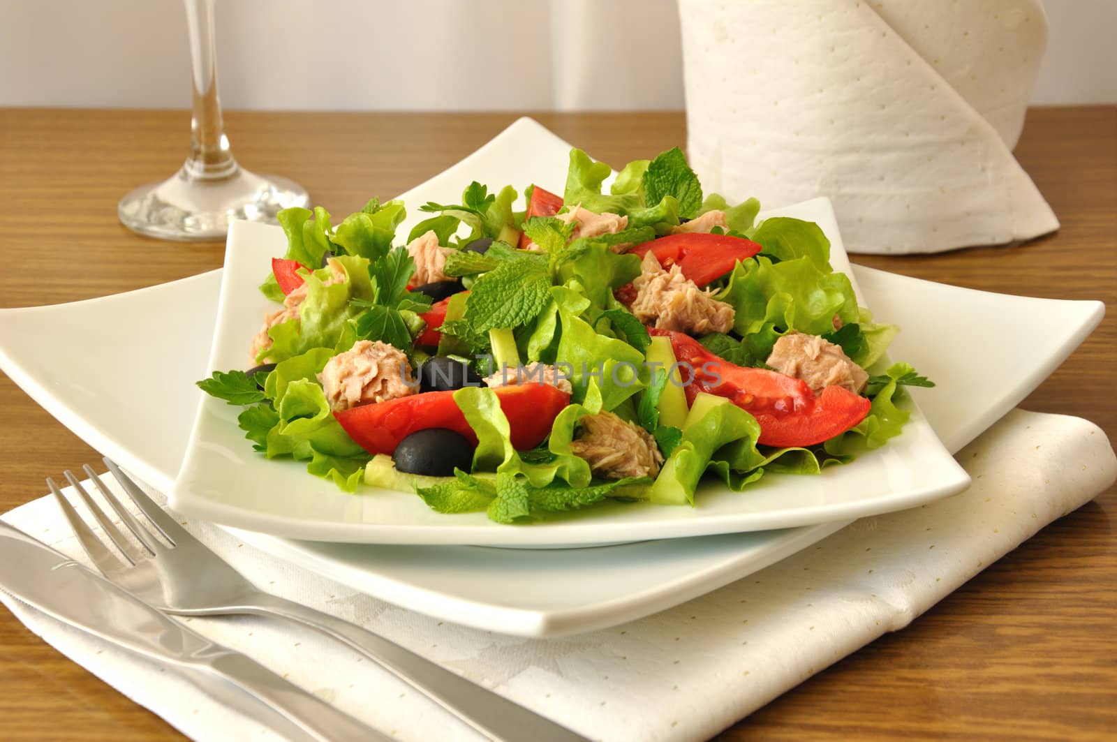 Tuna salad with mint and mixed vegetables with olives