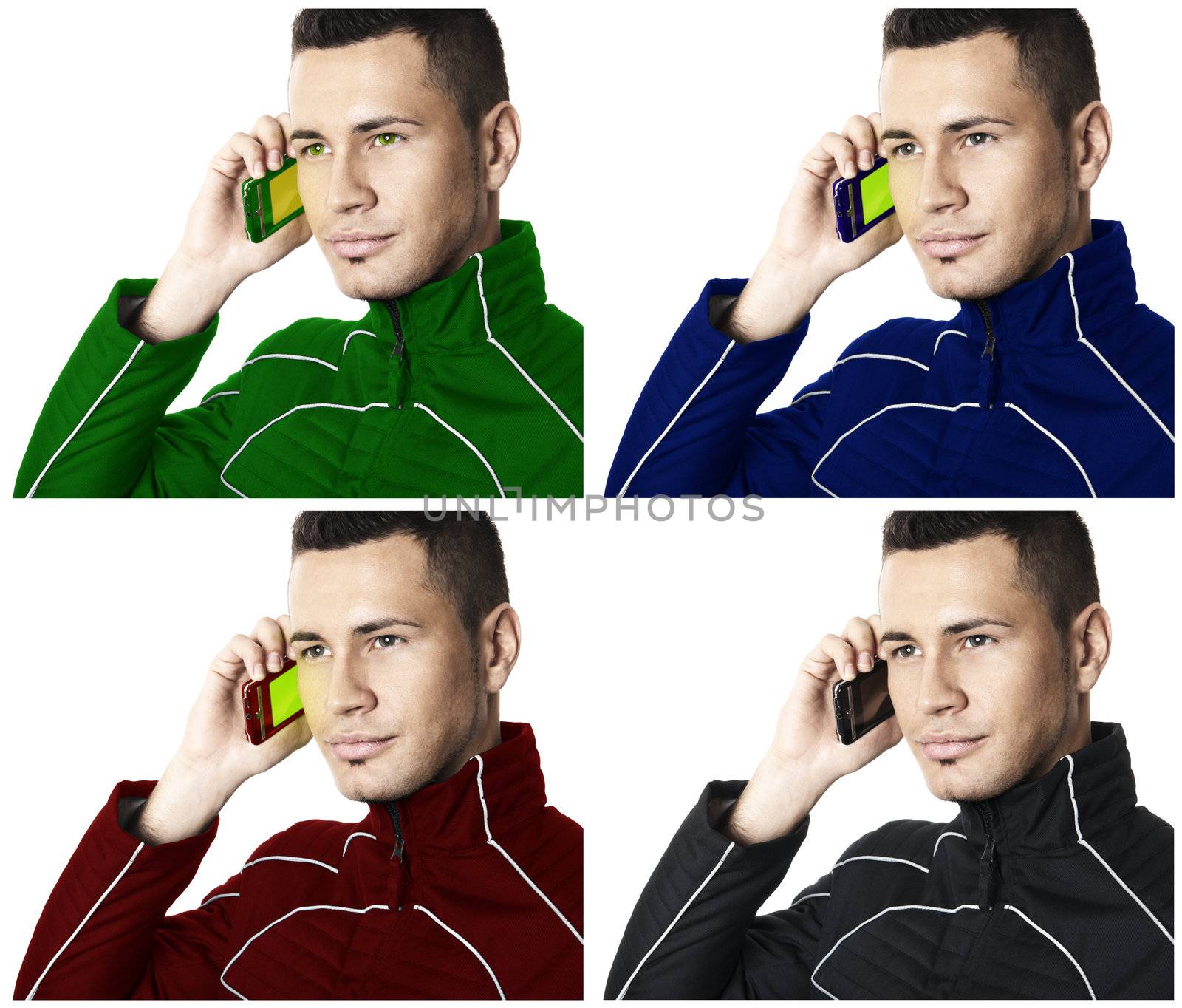 Young man in futuristic clothes with wireless phone in right hand. 4 different colors. Isolated on white background