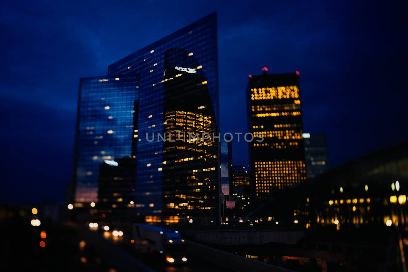 Night panorama of skyscrapers in business area of Paris