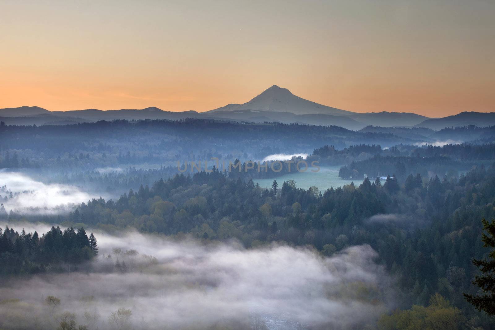 Foggy Sunrise Over Sandy River Valley and Mount Hood in Oregon