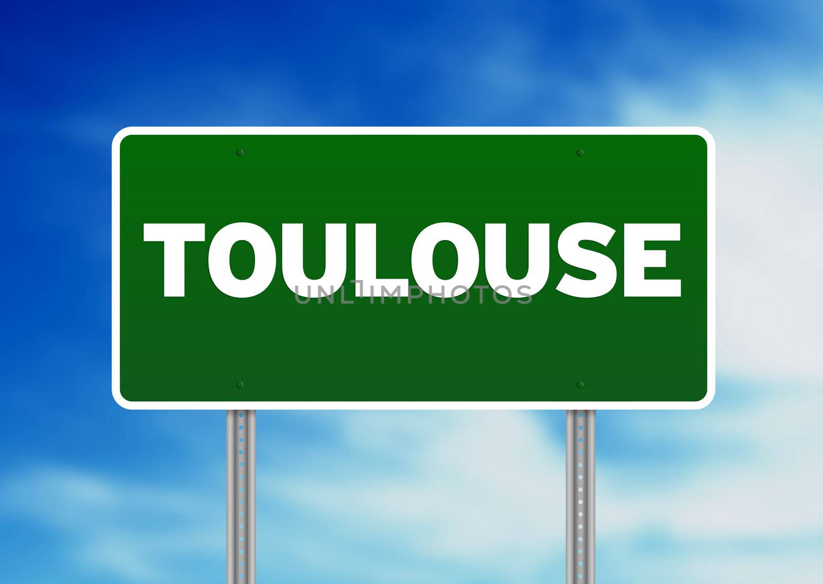 Green Toulouse, France highway sign on Cloud Background. 