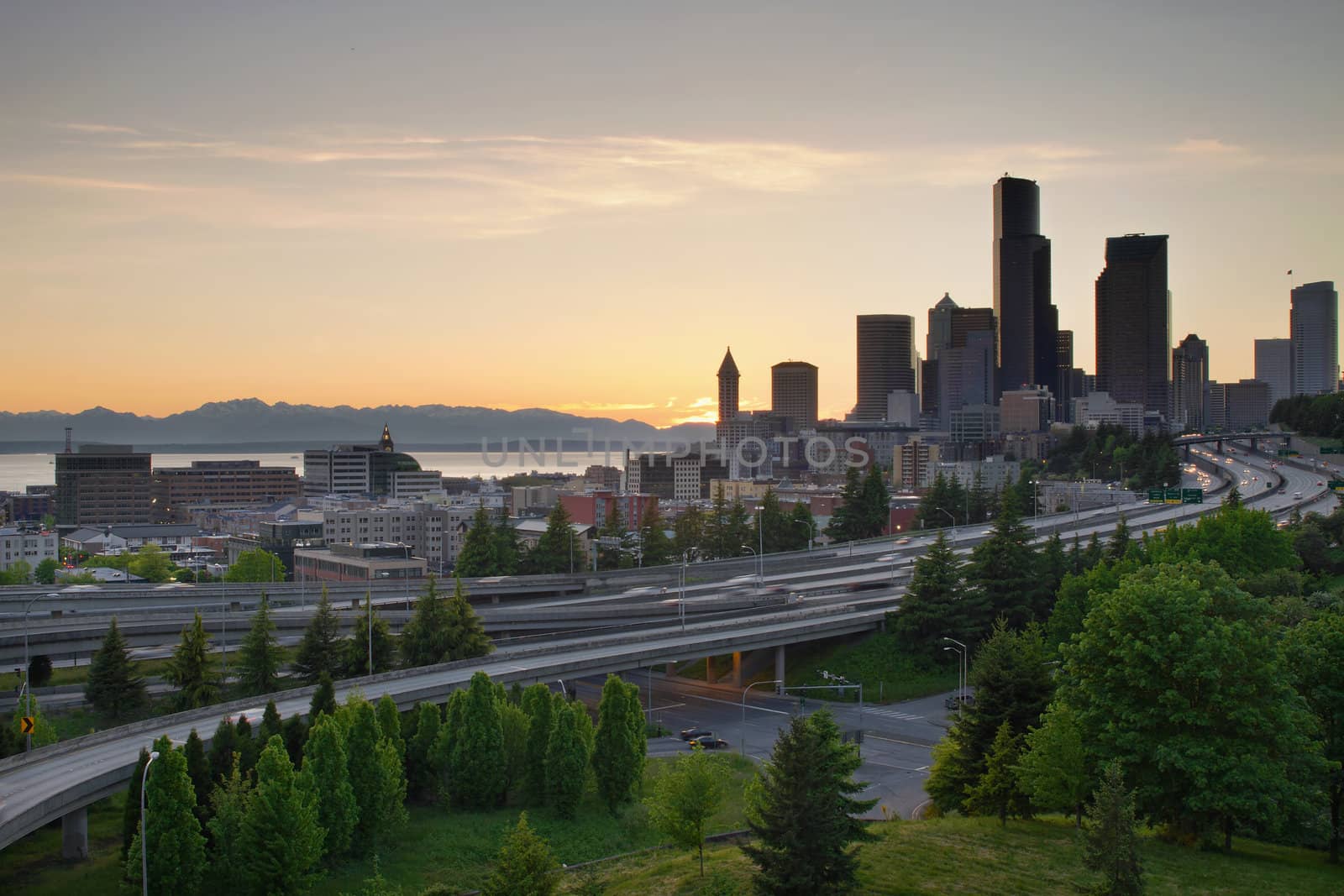 Sunset Over Seattle Washington Downtown City and Highway