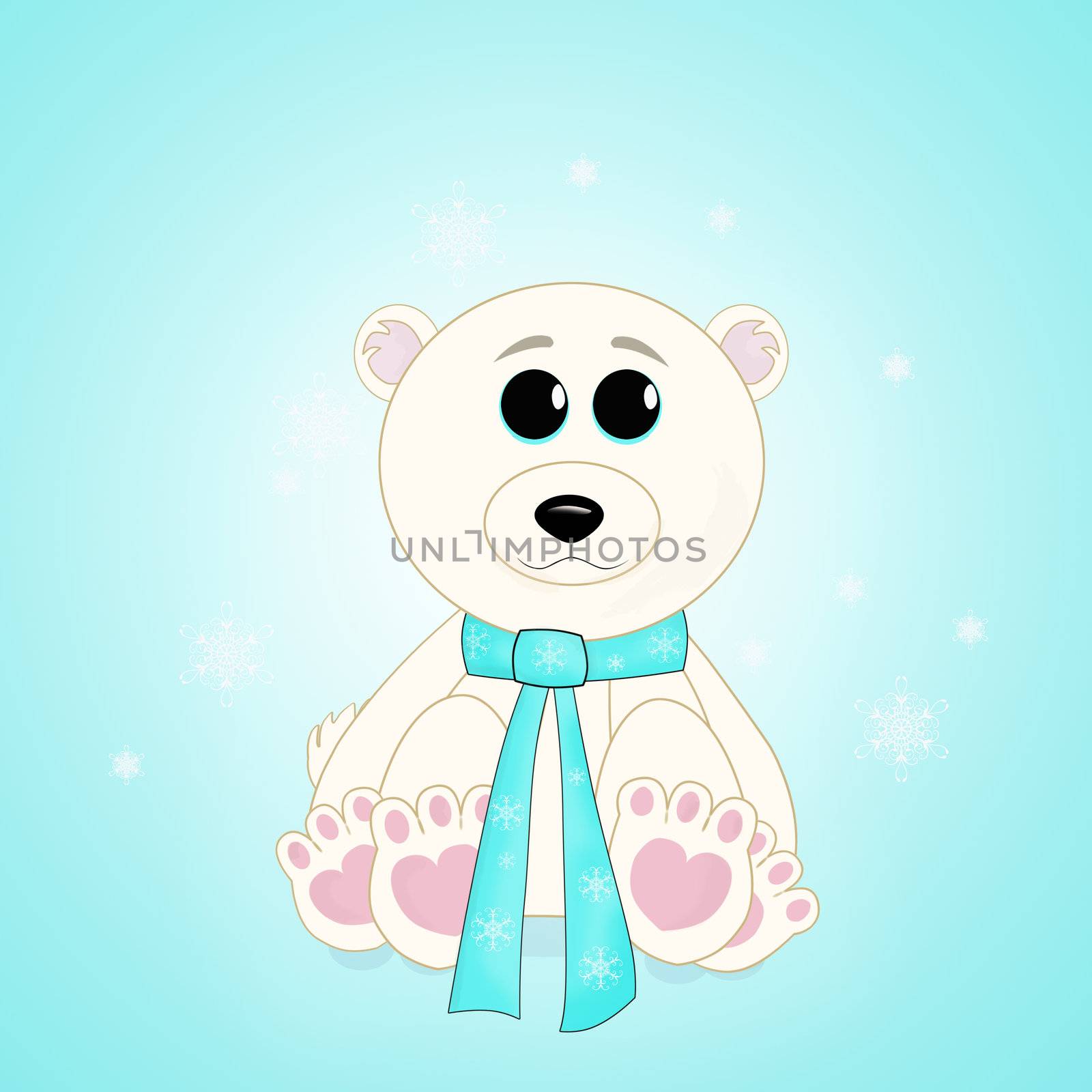 Original illustration of a cute little polar bear with a blue scarf tied around it's neck.