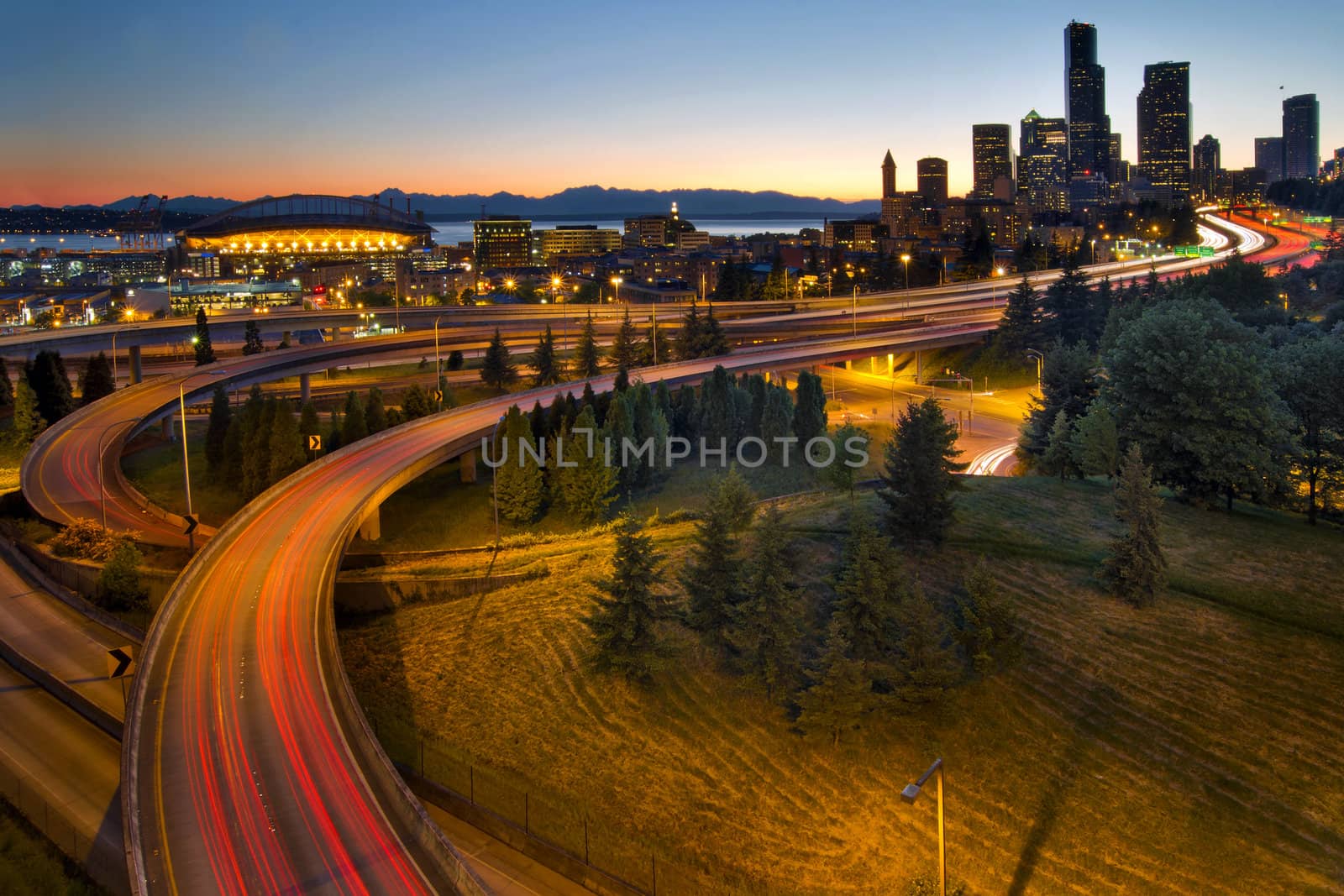 Seattle Washington Downtown City Highway Light Trails at Sunset