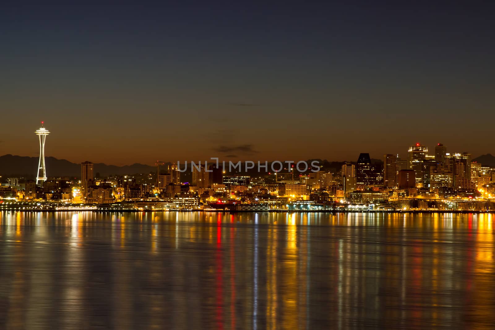 Seattle Washington City Skyline Reflection on Puget Sound at Dawn