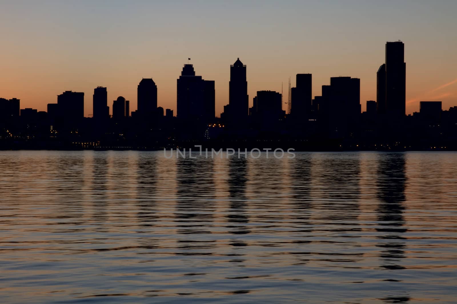 Seattle Washington Downtown Skyline Silhouette along Puget Sound