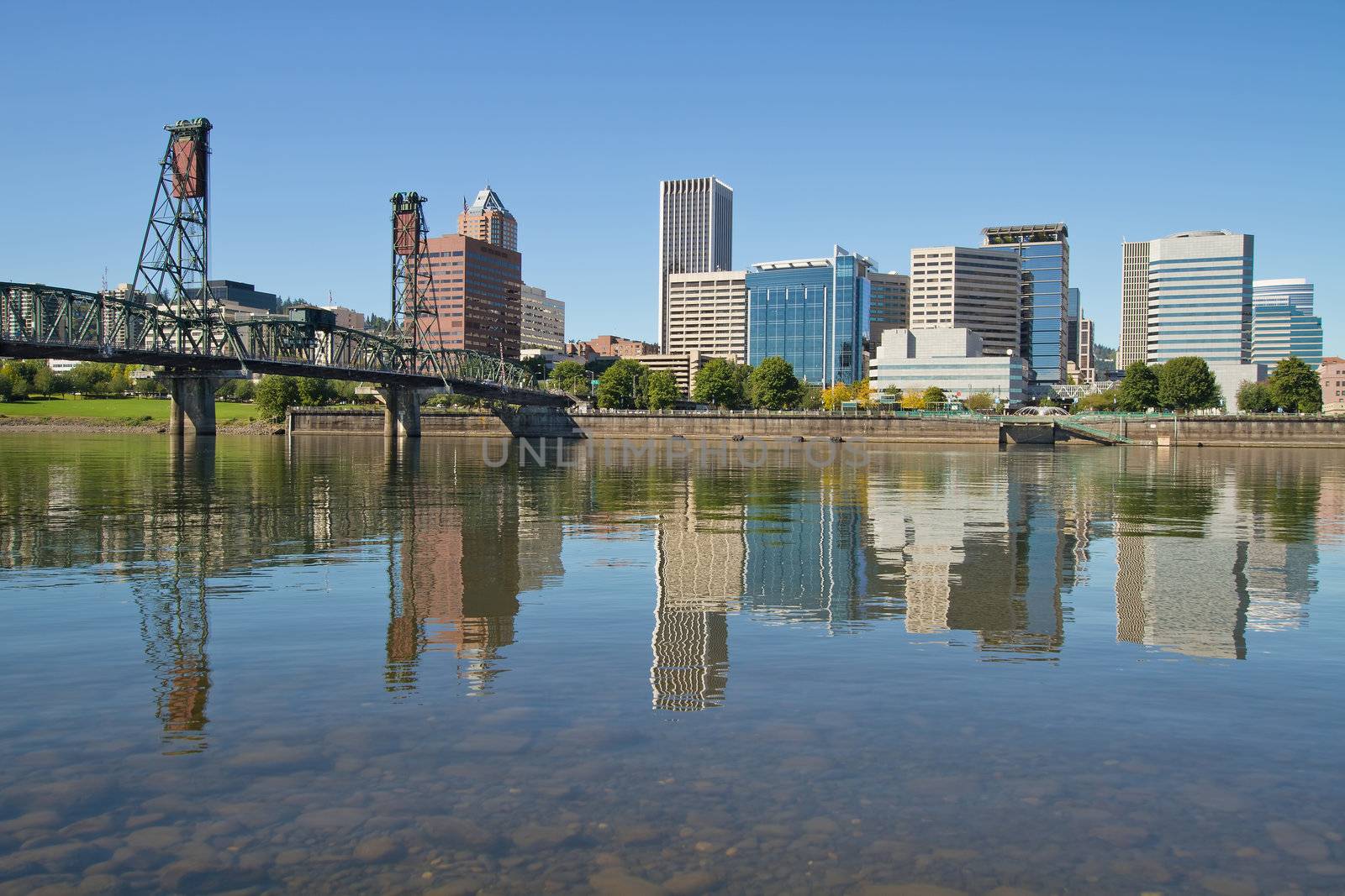 Portland Oregon Downtown Skyline and Hawthorne Bridge Reflection