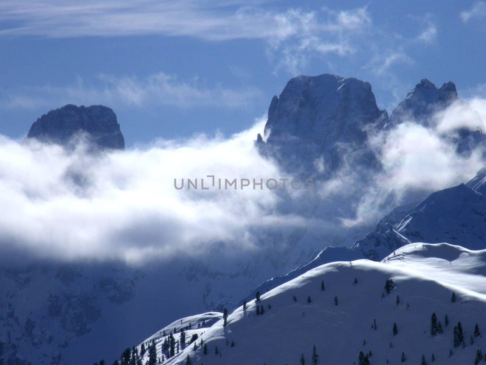 alpine landscape and clouds around the mountains