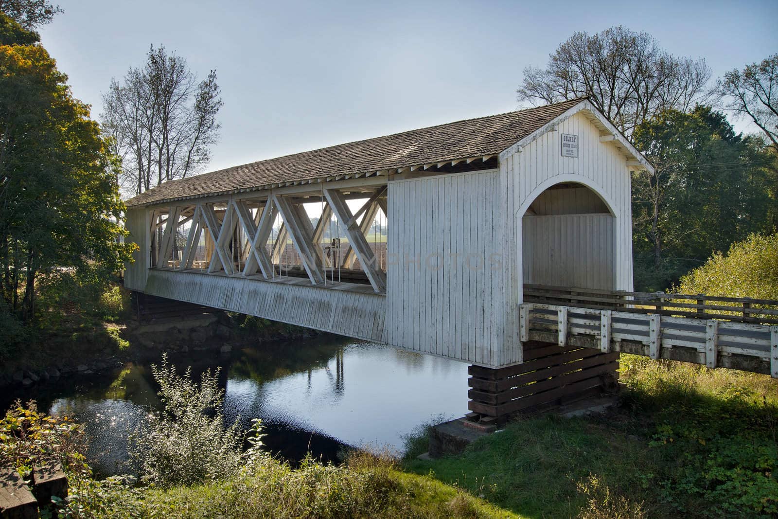 Historic Gilkey Covered Bridge Over Creek in Oregon