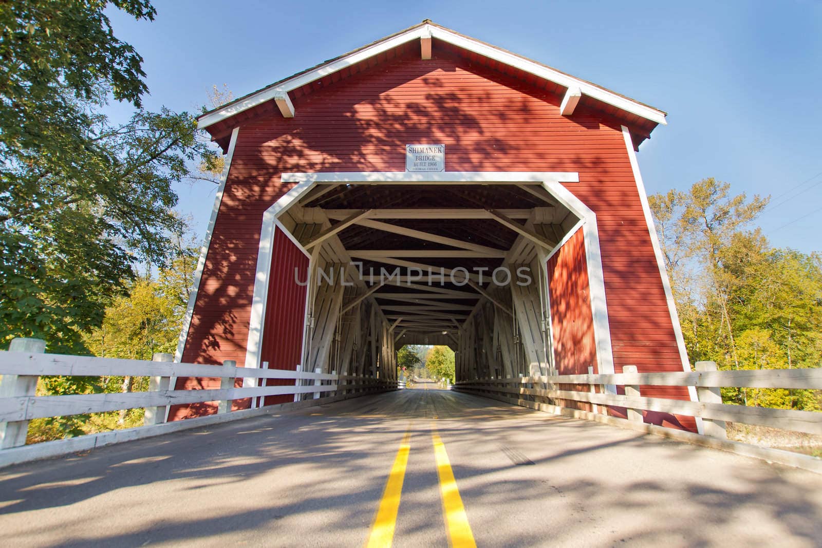 Shimanek Covered Bridge Over Creek in Oregon