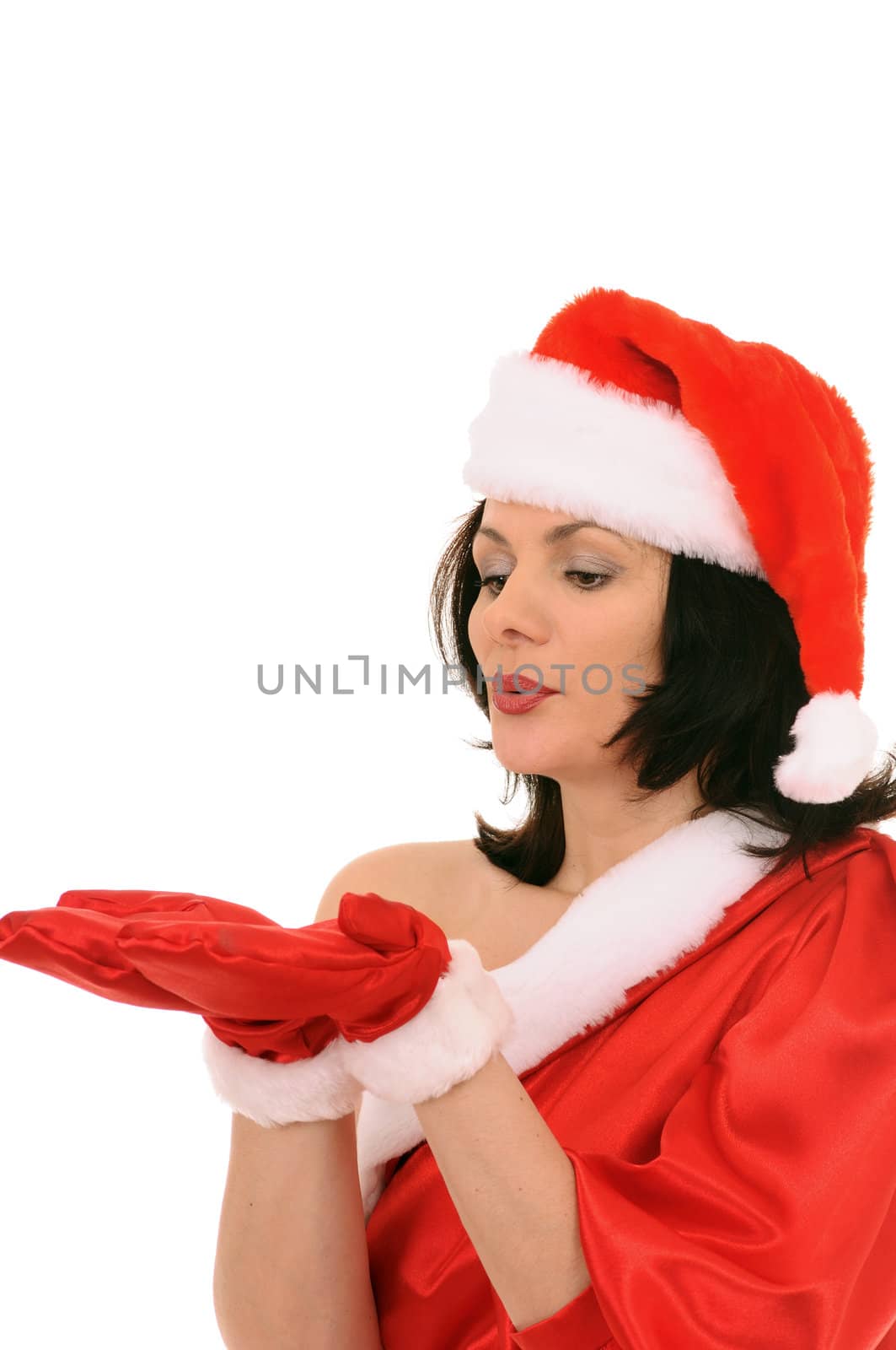 woman in hat santa isolated on white background