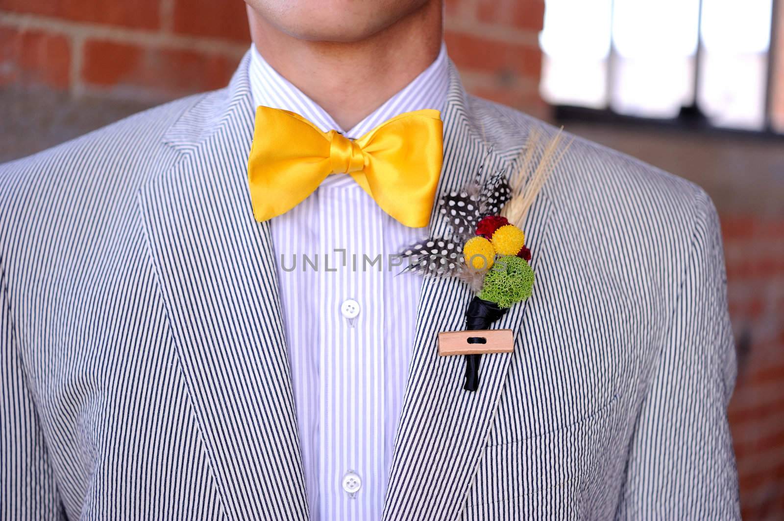 Image of a Seersucker Suit with yellow bowtie and boutonniere