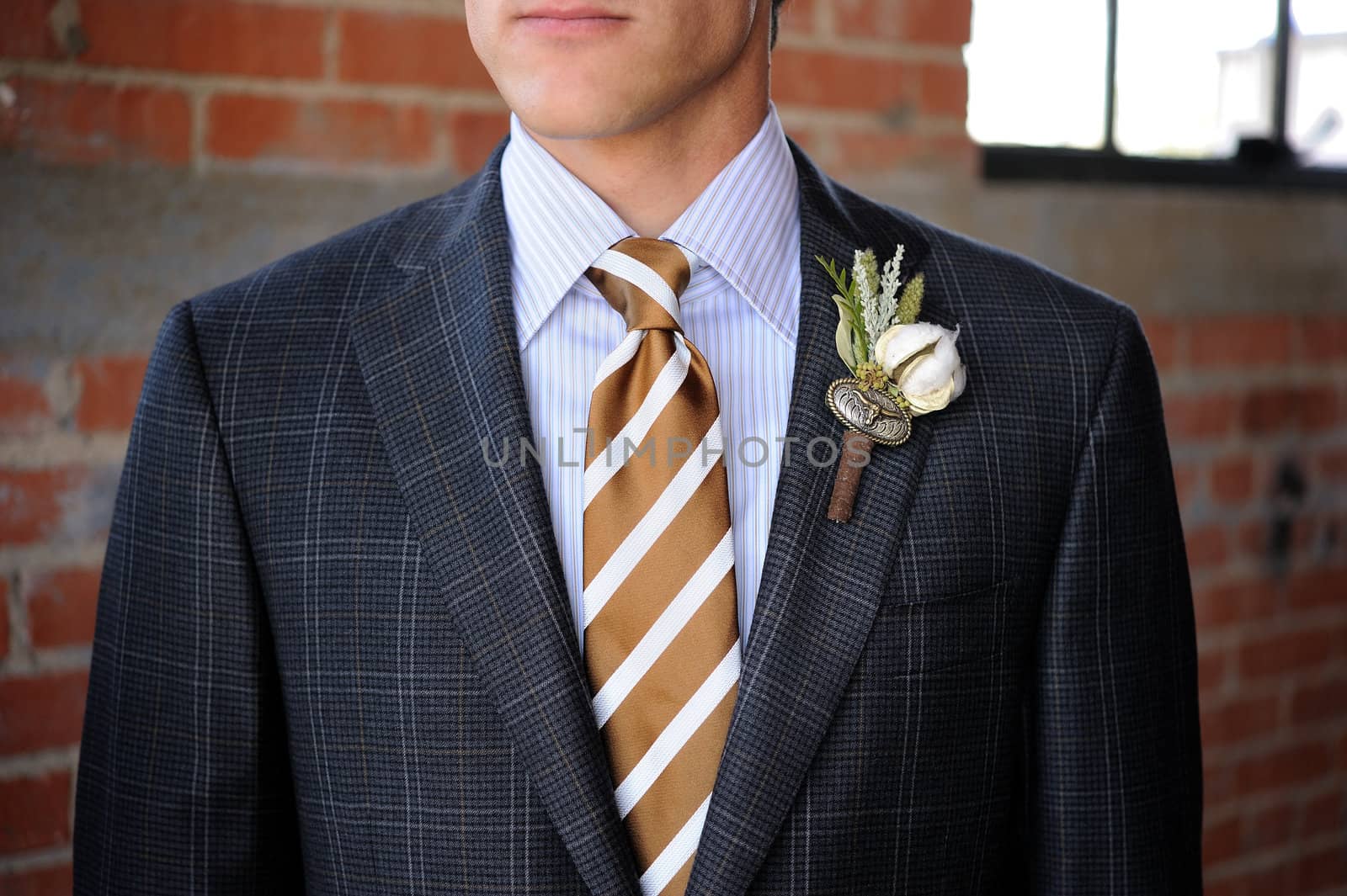 Image of a Gray Plaid suit with tan stripes and boutonniere