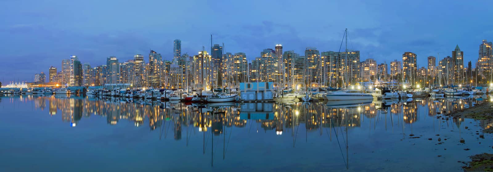 Vancouver BC Canada Downtown Harbor Skyline at Blue Hour Panorama